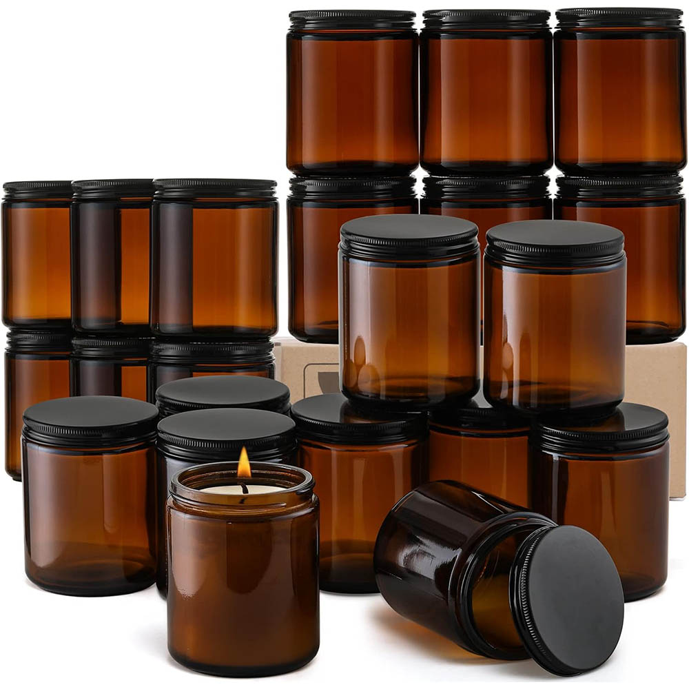 Amber Jar Candle - 8oz Amber Cam Kavanozlar Siyah Kapaklı